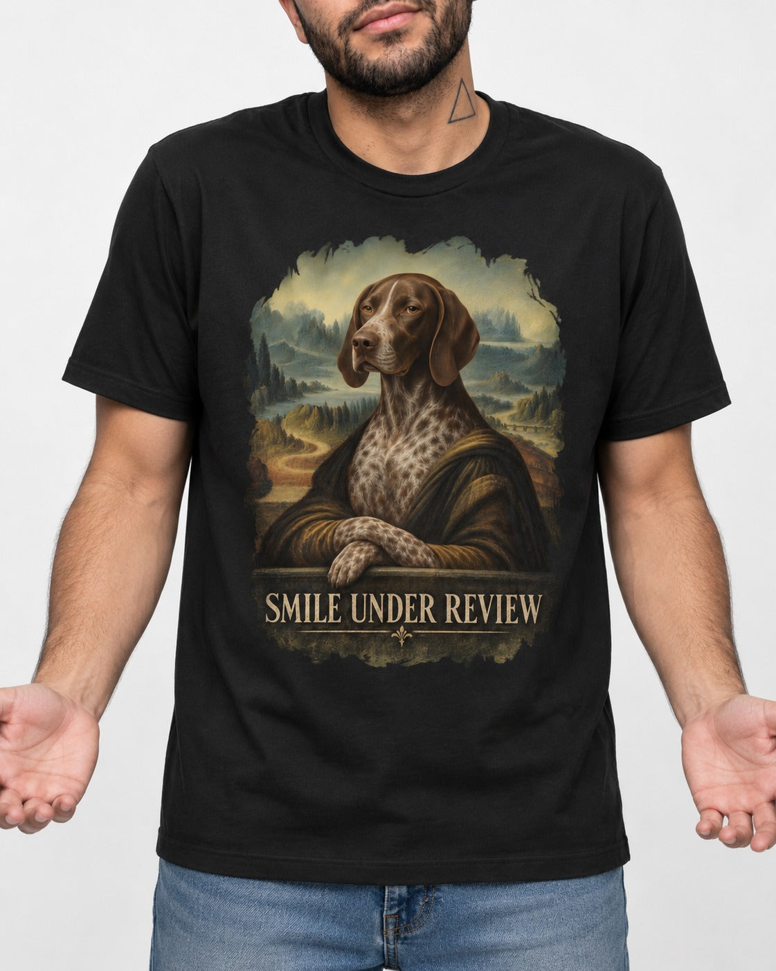 German Shorthaired Pointer Smile Under Review Renaissance Portrait Graphic T-Shirt in Black, worn by a model, front view