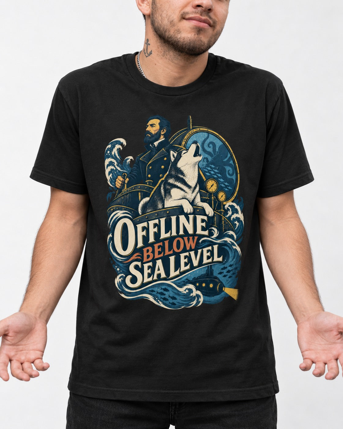 Husky Offline Below Sea Level Nautical Submarine Graphic T-Shirt in Black, worn by a model, front view