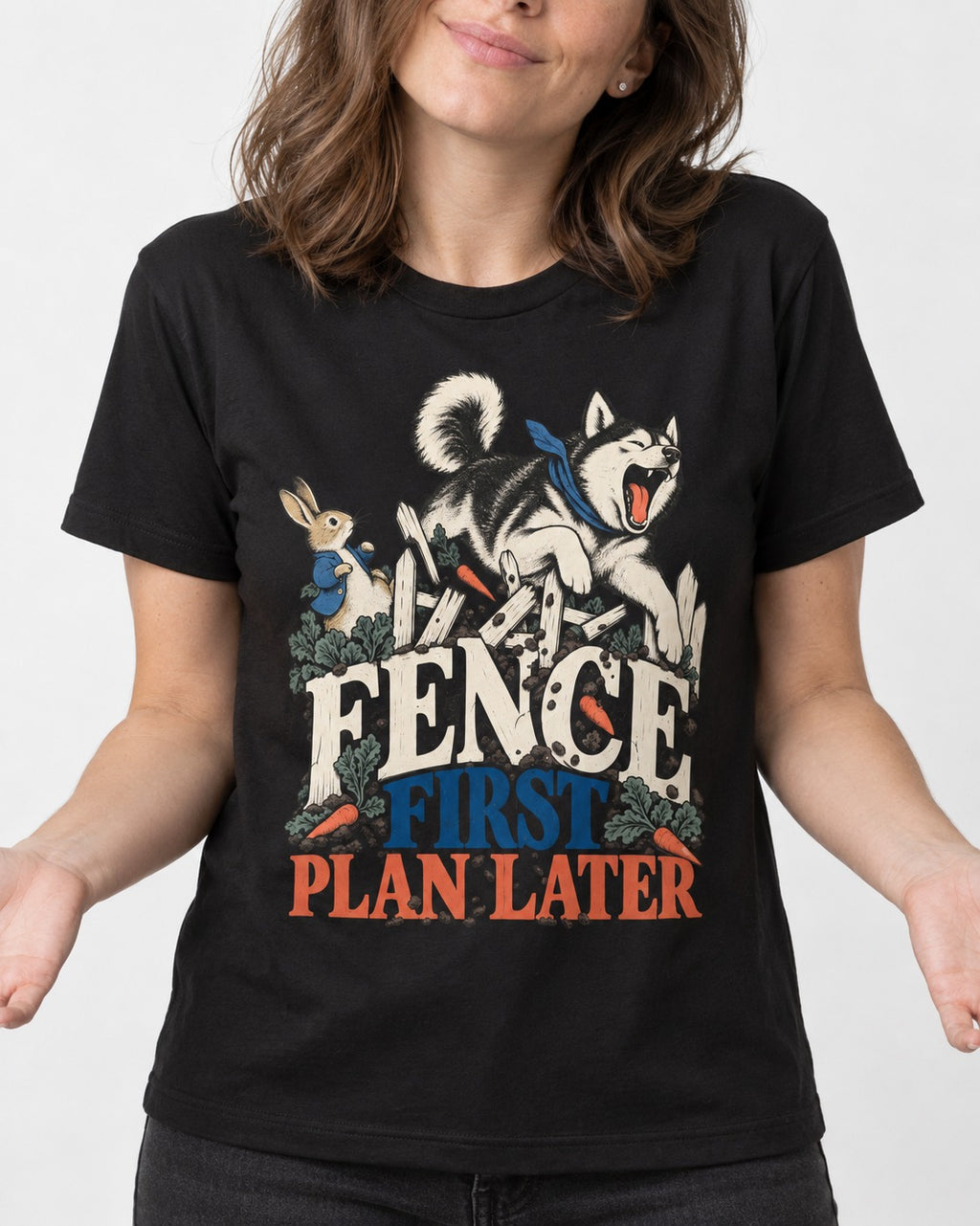 Husky Fence First Plan Later Garden Escape Graphic T-Shirt in Black, worn by a model, front view