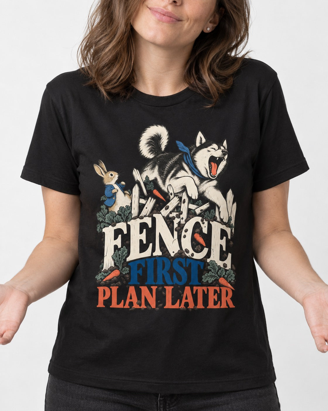 Husky Fence First Plan Later Garden Escape Graphic T-Shirt in Black, worn by a model, front view