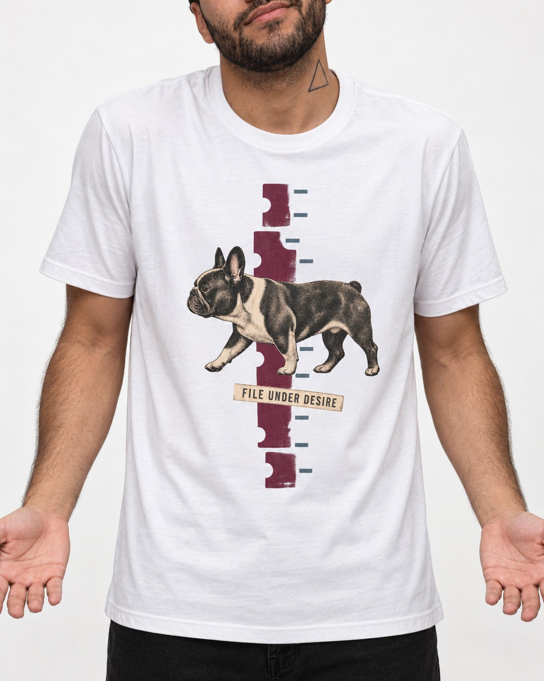File Under Frenchie Desire T-Shirt in White, worn by a model, front view