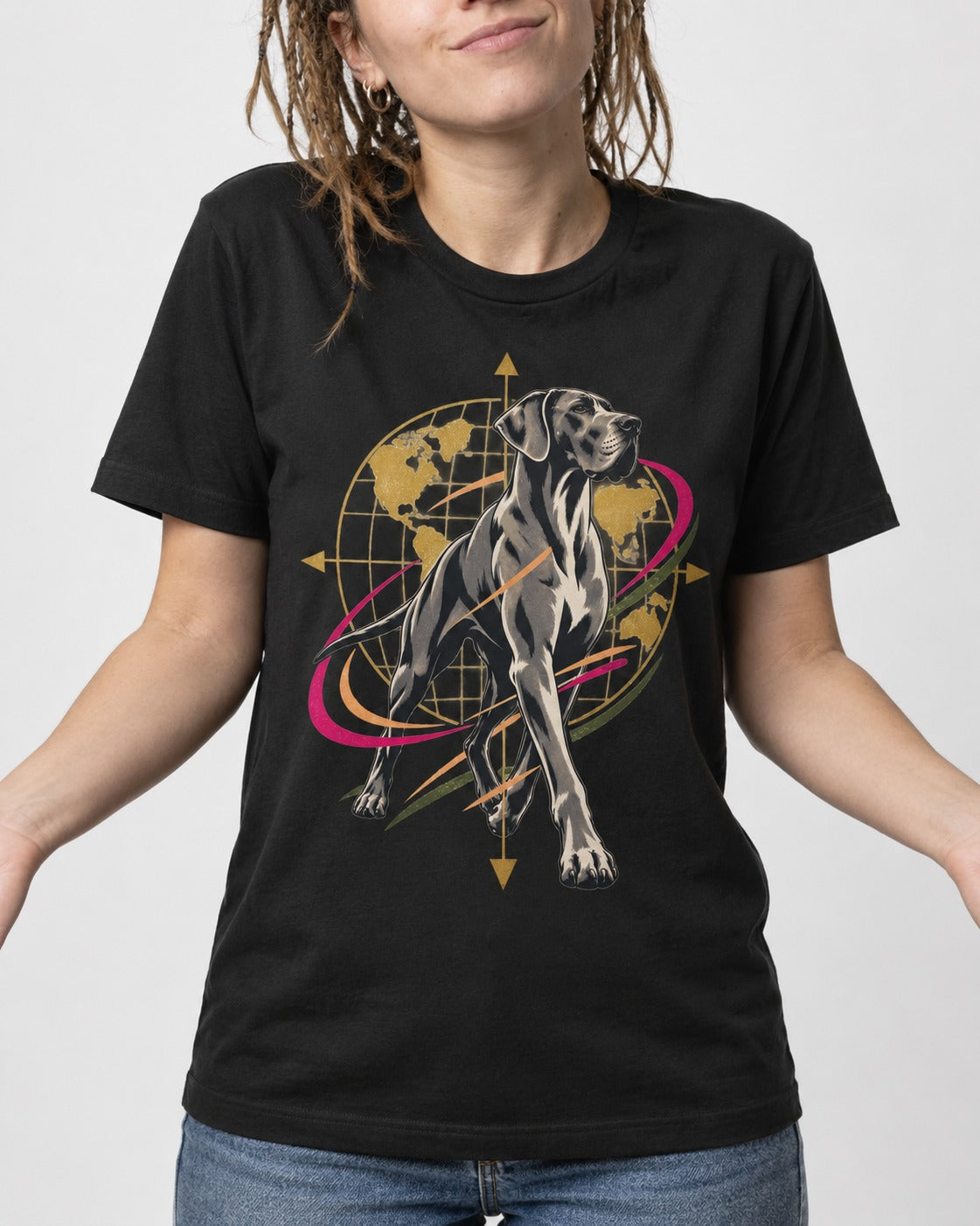 Great Dane Striding Globe Orbit Graphic T-Shirt in Black, worn by a model, front view