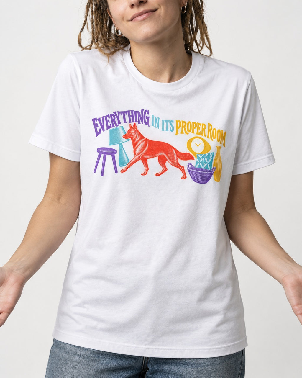 German Shepherd Dog In Its Proper Room T-Shirt in White, worn by a model, front view