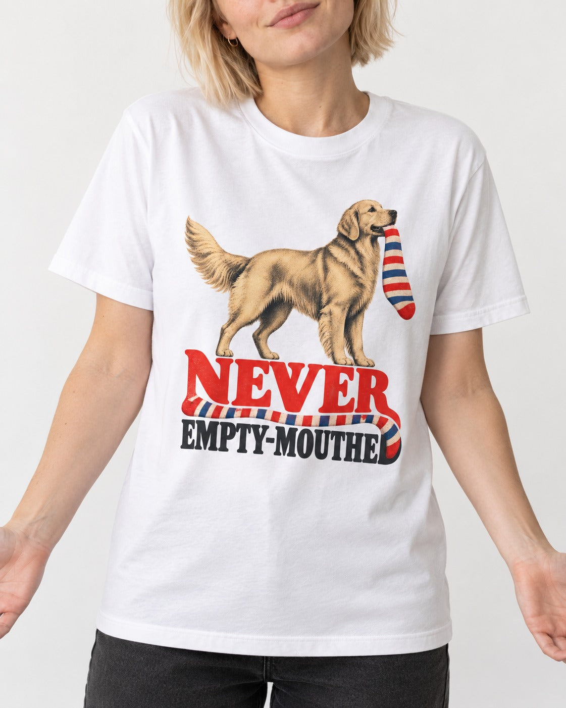 Never Empty Mouthed Golden Retriever T-Shirt in White, worn by a model, front view