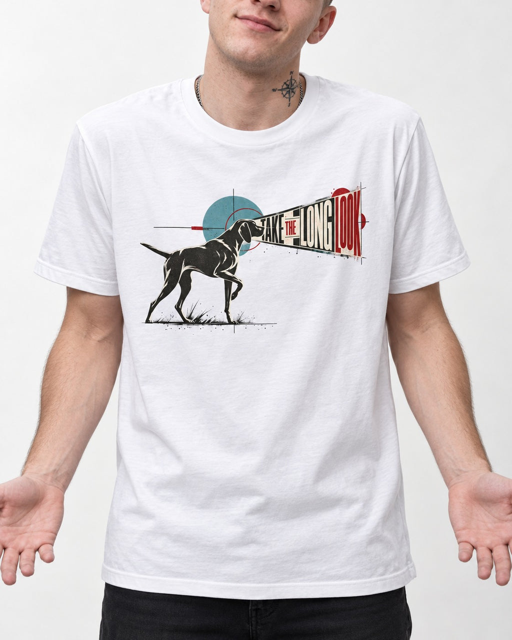German Shorthaired Pointer Take the Long Look T-Shirt in White, worn by a model, front view