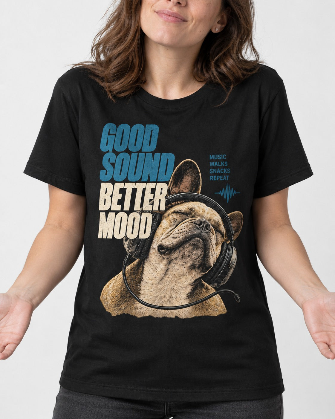 Frenchie Good Sound Better Mood Headphones Graphic T-Shirt in Black, worn by a model, front view