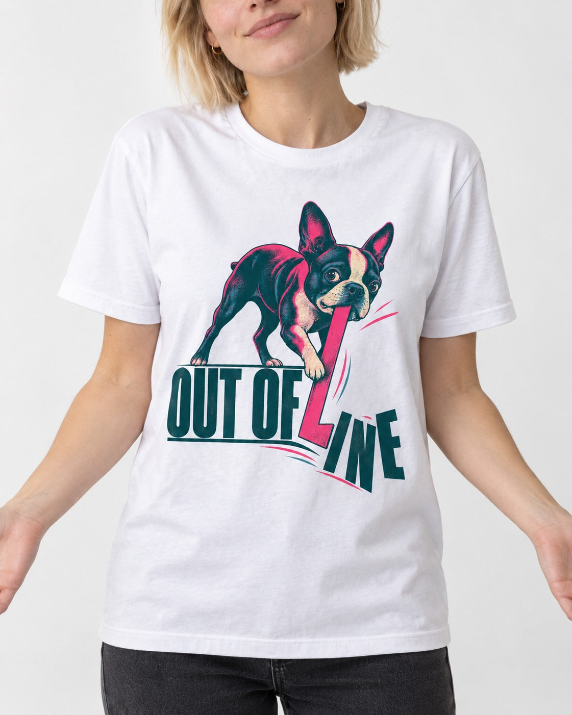 Boston Terrier Out of Line T-Shirt in White, worn by a model, front view