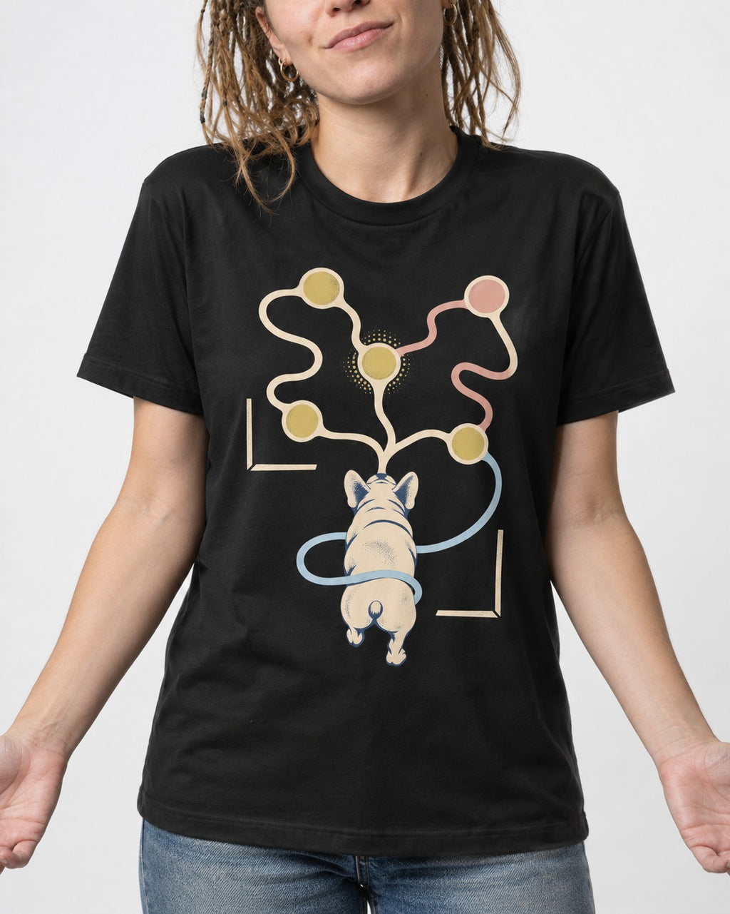 Frenchie Scent Circuit Rear View Graphic T-Shirt in Black, worn by a model, front view
