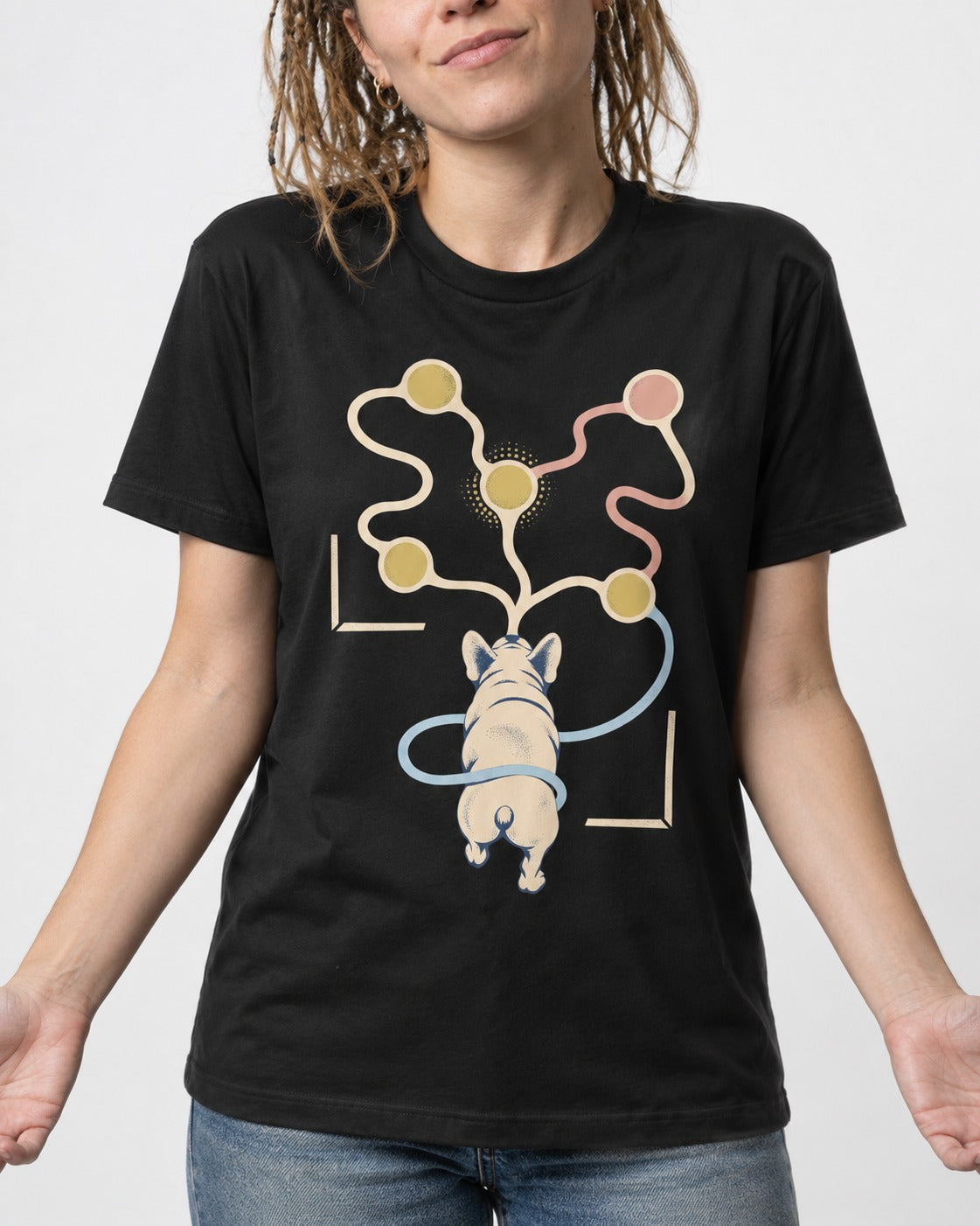 Frenchie Scent Circuit Rear View Graphic T-Shirt in Black, worn by a model, front view