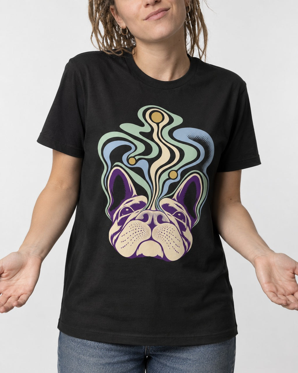 Frenchie Scent Cartography Vapor Route Graphic T-Shirt in Black, worn by a model, front view