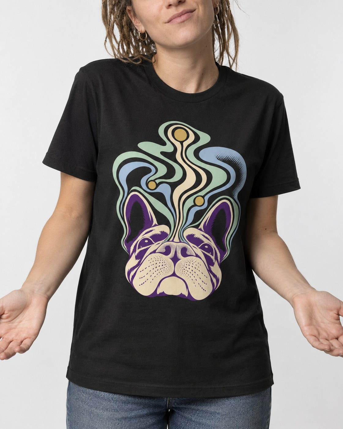 Frenchie Scent Cartography Vapor Route Graphic T-Shirt in Black, worn by a model, front view