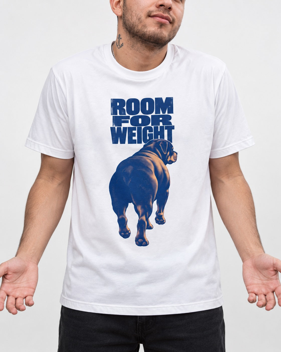Room for Weight Rottweiler T-Shirt in White, worn by a model, front view
