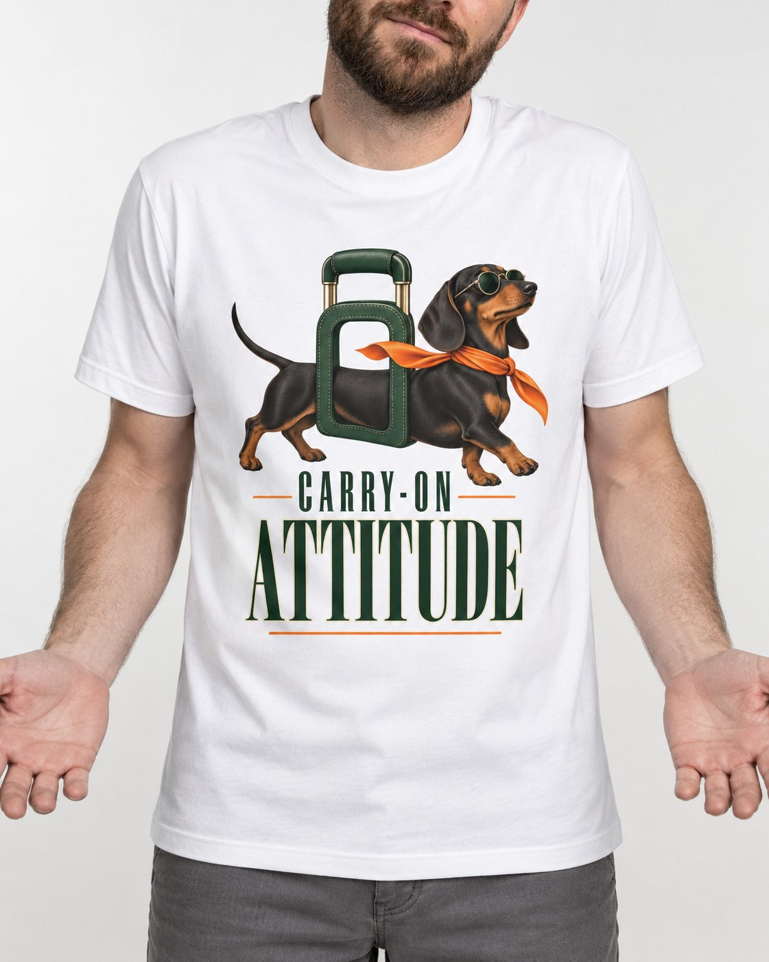 Dachshund Carry on Attitude T-Shirt in White, worn by a model, front view