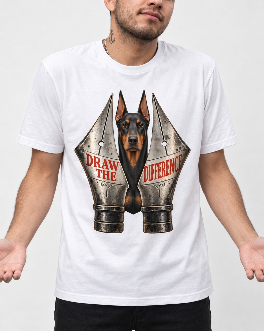 Doberman Draw the Difference T-Shirt in White, worn by a model, front view
