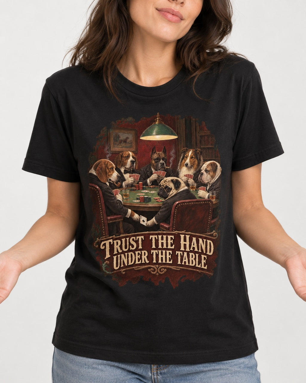 Pug Trust the Hand Under the Table Poker Graphic T-Shirt in Black, worn by a model, front view