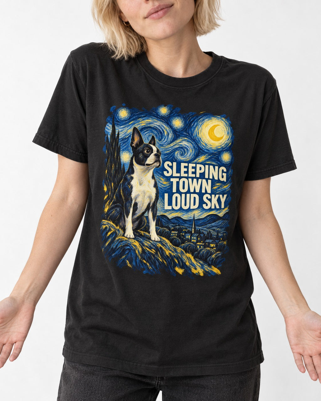 Sleeping Town Loud Sky Boston Terrier Starry Night T-Shirt in Black, worn by a model, front view