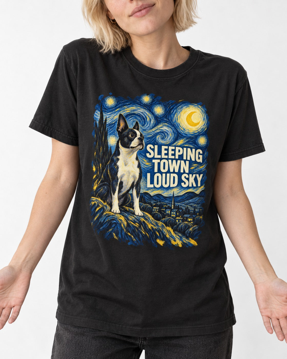 Sleeping Town Loud Sky Boston Terrier Starry Night T-Shirt in Black, worn by a model, front view