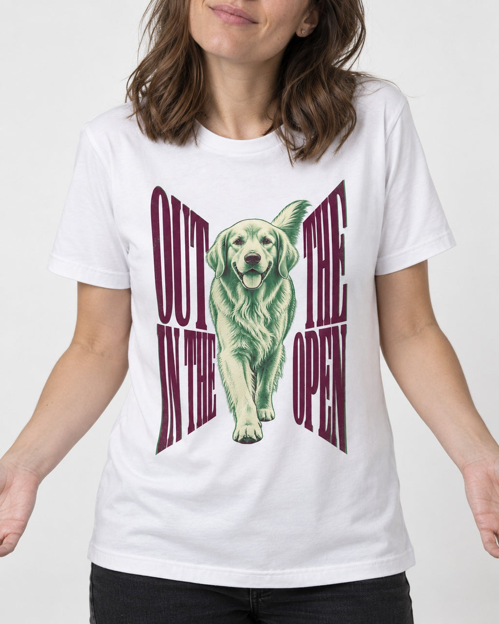 Golden Retriever Out in the Open T-Shirt in White, worn by a model, front view
