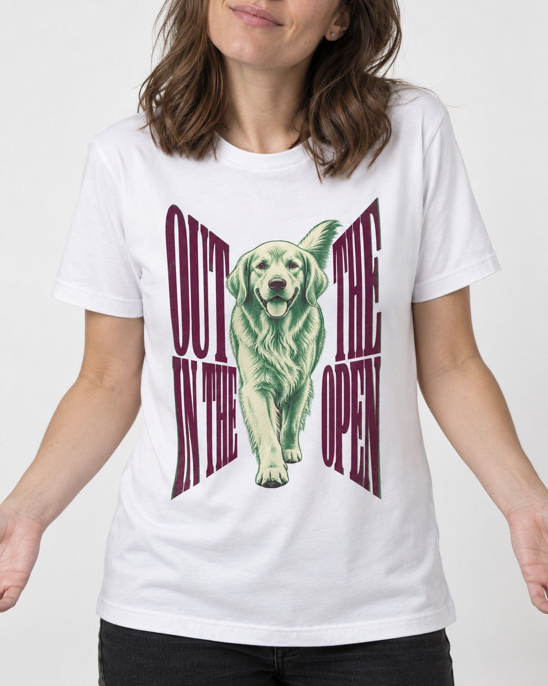 Golden Retriever Out in the Open T-Shirt in White, worn by a model, front view