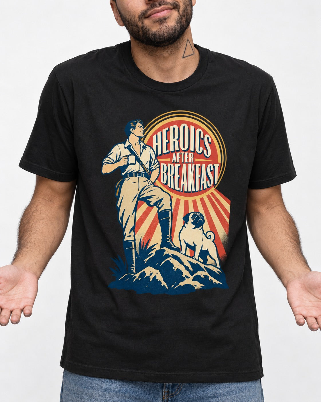 Pug Heroics After Breakfast Adventure Graphic T-Shirt in Black, worn by a model, front view