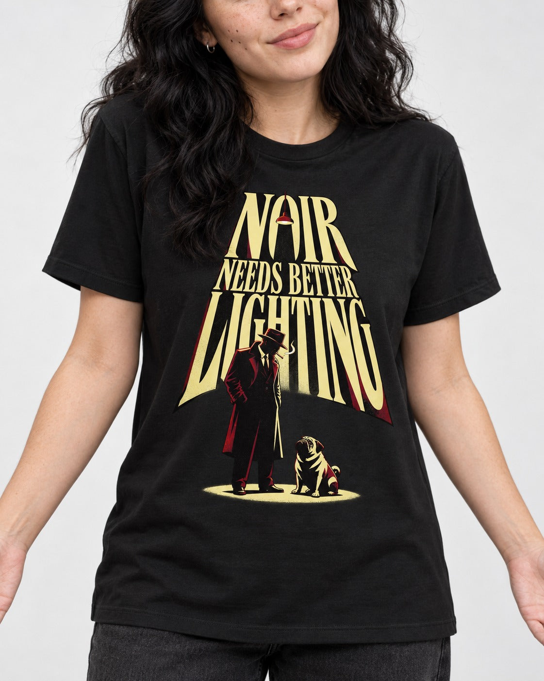 Pug Noir Needs Better Lighting Detective Graphic T-Shirt in Black, worn by a model, front view