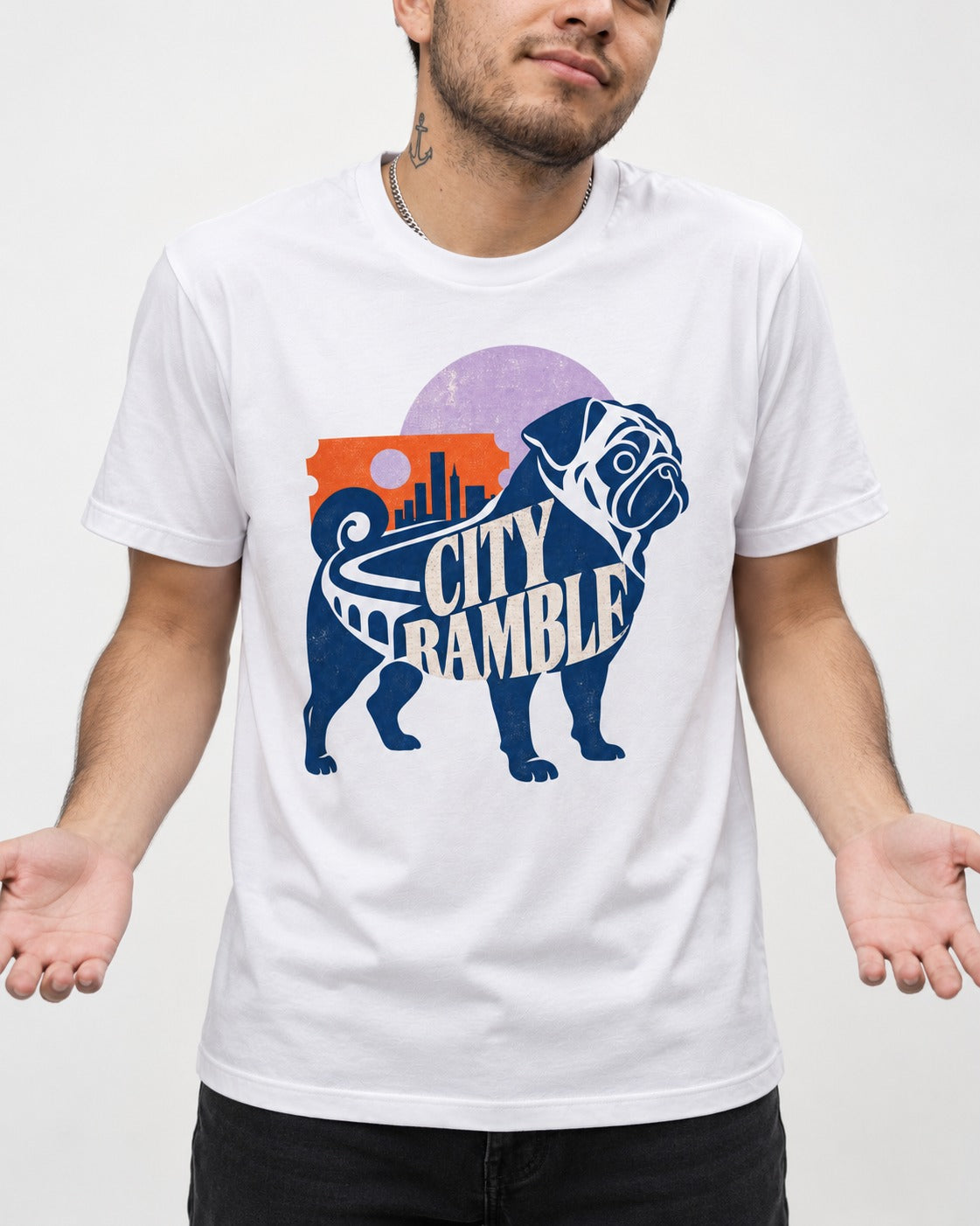 Pug's Big City Ramble T-Shirt in White, worn by a model, front view