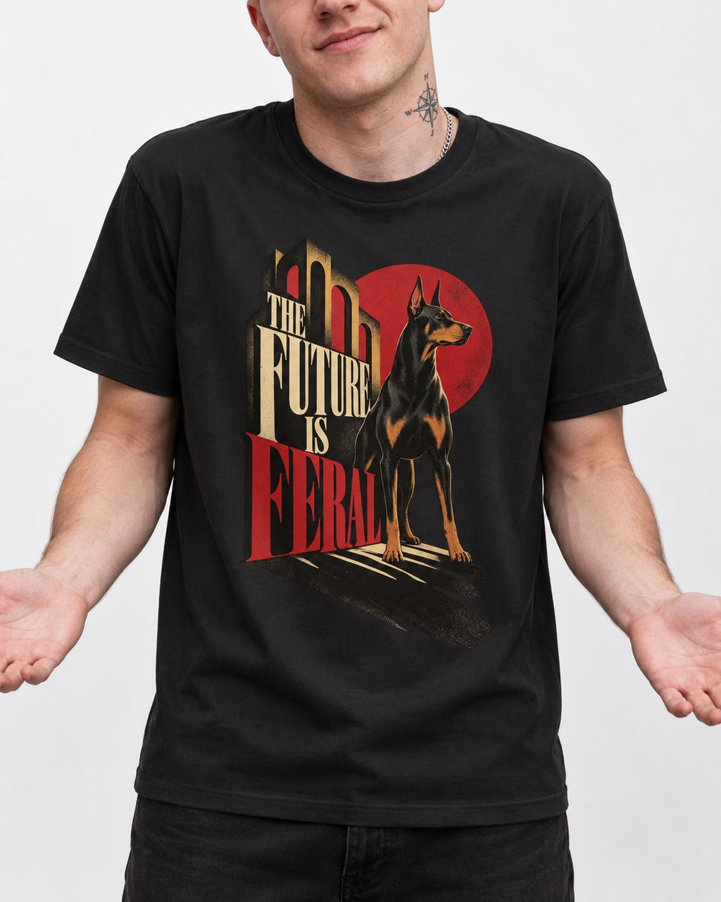 Doberman The Future Is Feral Art Deco Graphic T-Shirt in Black, worn by a model, front view