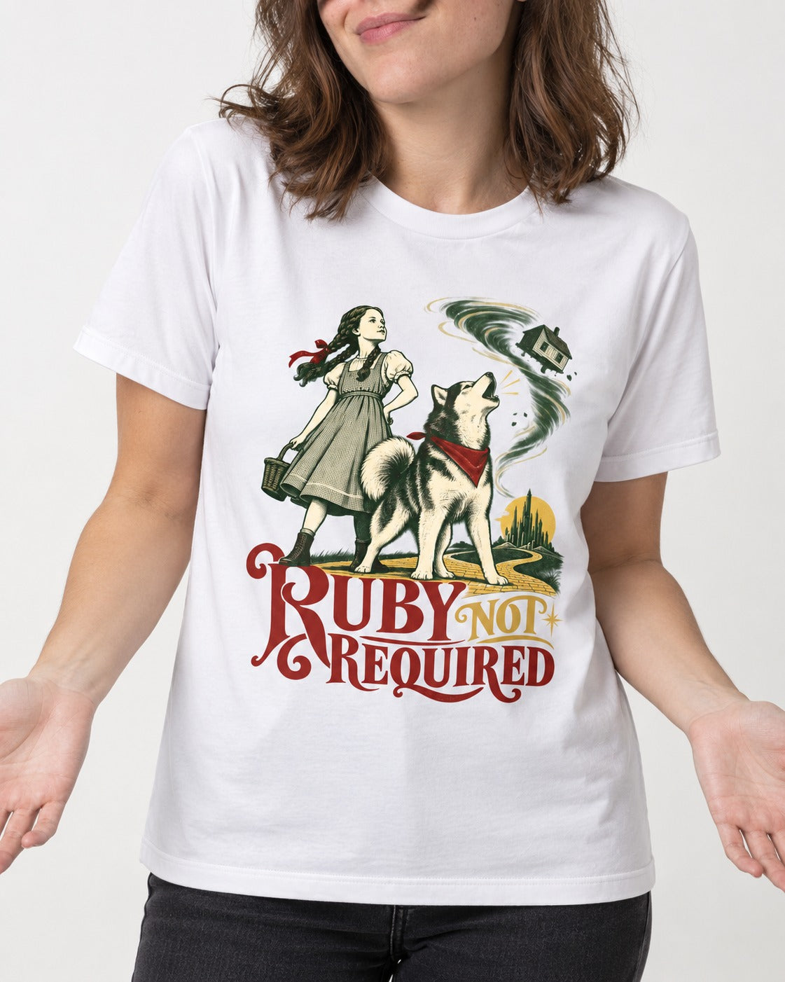 Ruby Not Required for Husky T-Shirt in White, worn by a model, front view