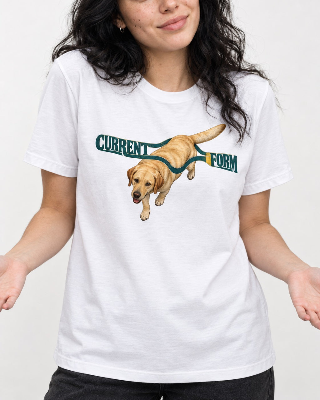 Labrador Retriever Current Form T-Shirt in White, worn by a model, front view