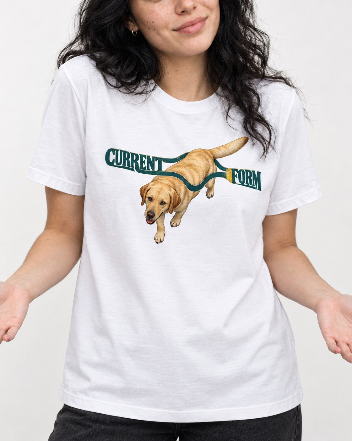 Labrador Retriever Current Form T-Shirt in White, worn by a model, front view