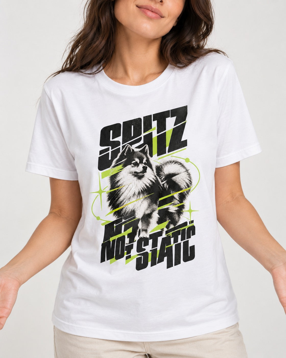 Pomeranian Not Static T-Shirt in White, worn by a model, front view