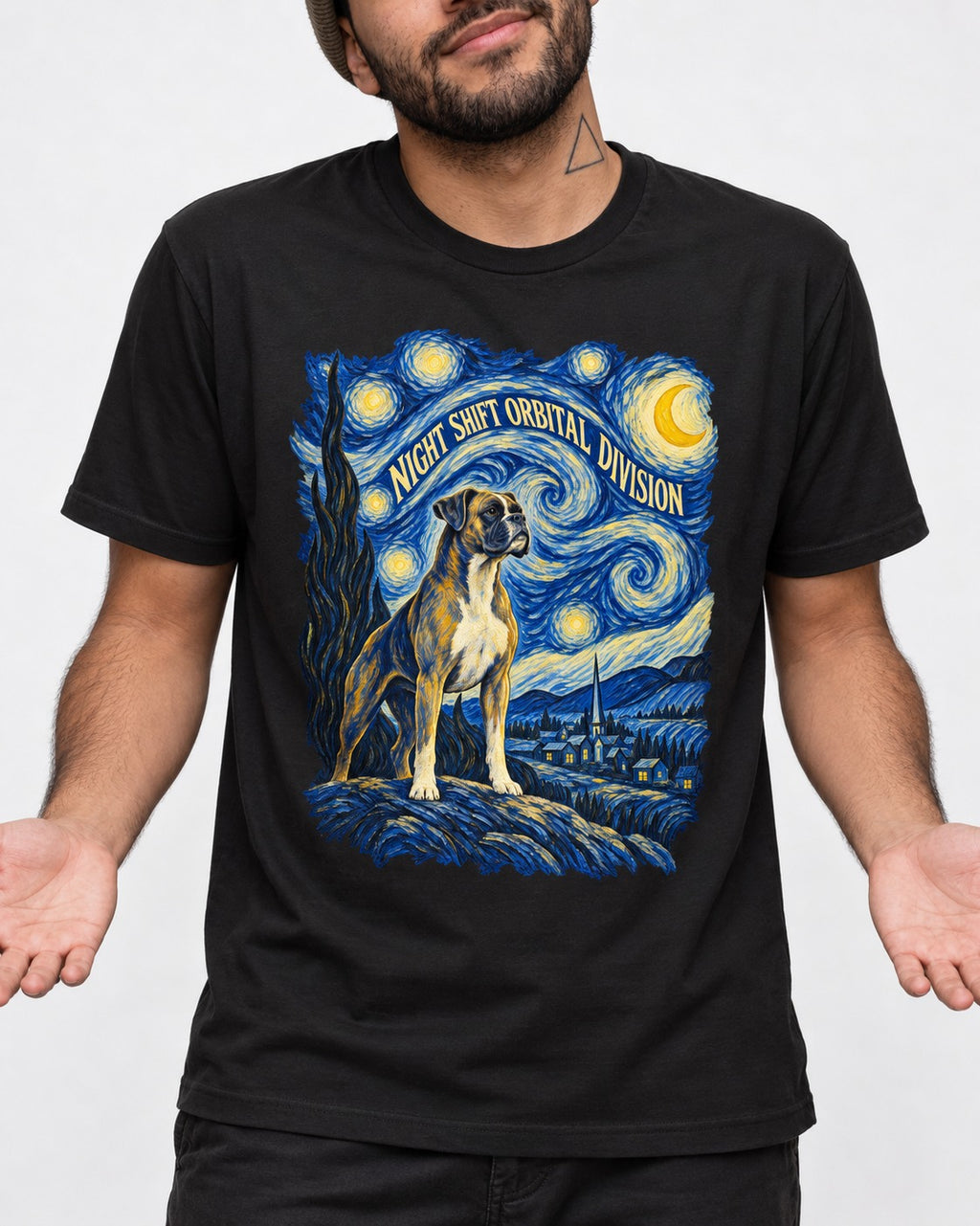 Night Shift Orbital Division Boxer Night Sky Graphic T-Shirt in Black, worn by a model, front view