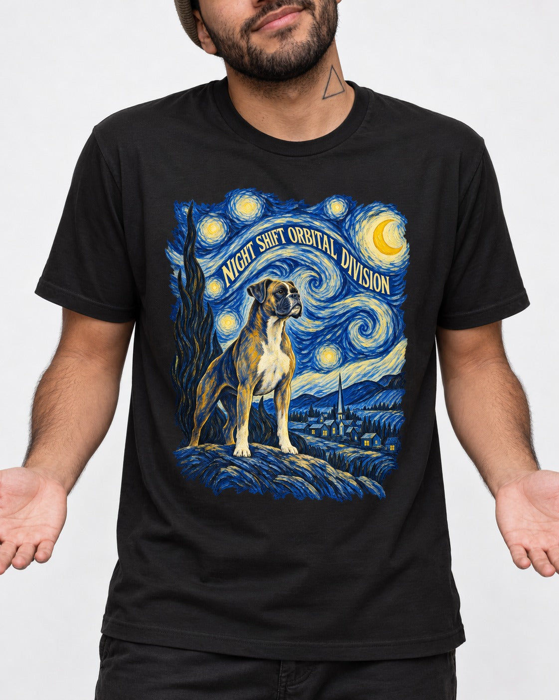 Night Shift Orbital Division Boxer Night Sky Graphic T-Shirt in Black, worn by a model, front view
