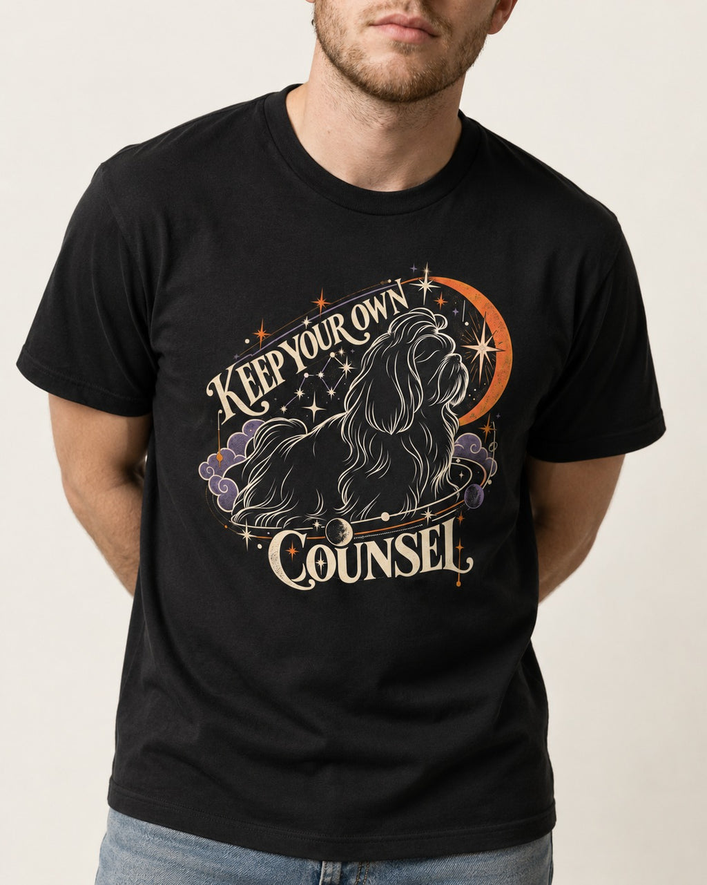 Shih Tzu Keep Your Own Counsel Celestial Graphic T-Shirt in Black, worn by a model, front view