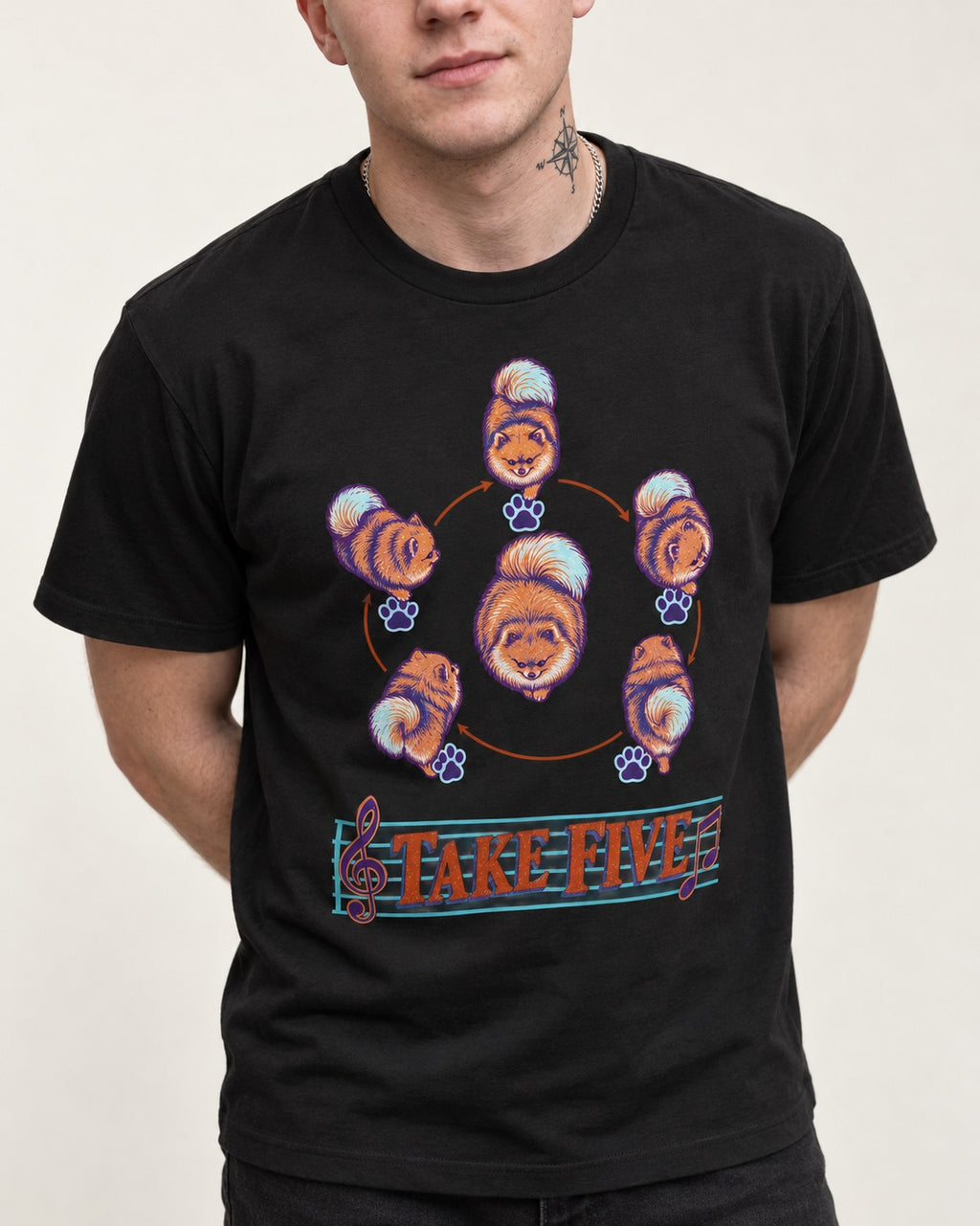 Pomeranian Take Five Choreography Cycle Graphic T-Shirt in Black, worn by a model, front view