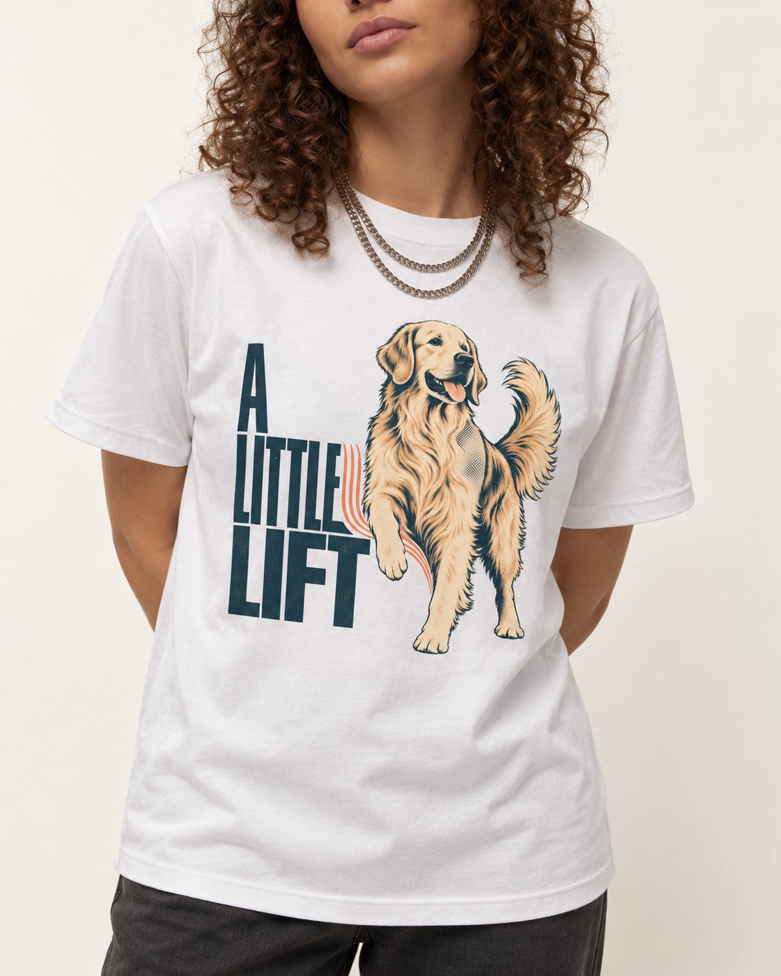A Little Lift Golden Retriever T-Shirt in White, worn by a model, front view