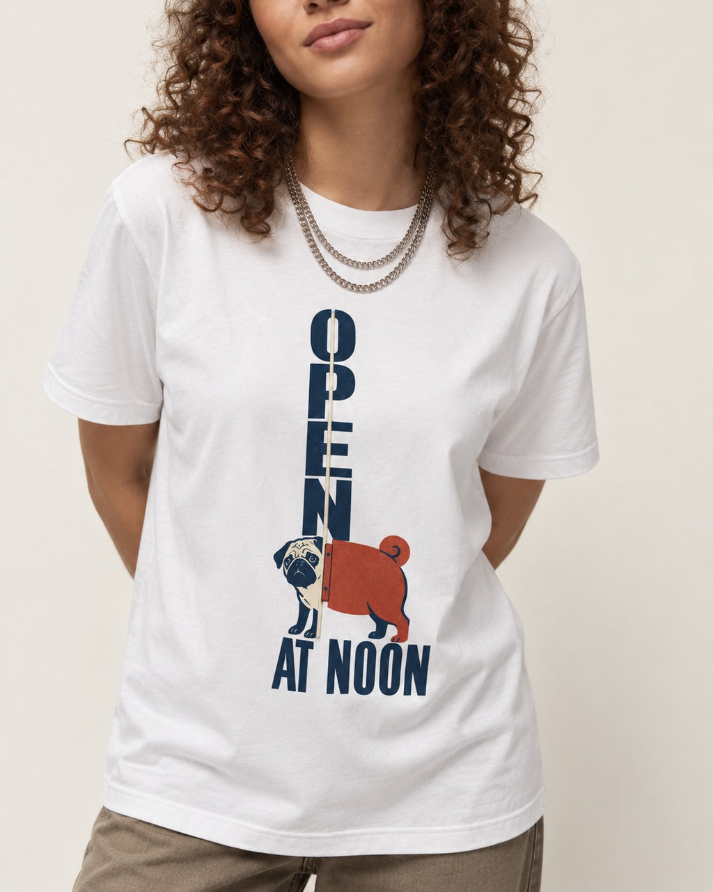 Pug Open at Noon T-Shirt in White, worn by a model, front view