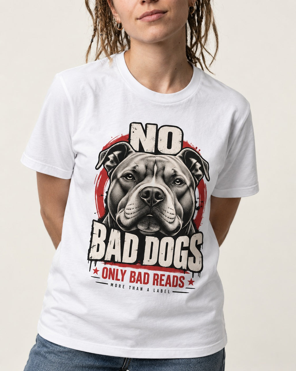 Pitbull Only Bad Reads T-Shirt in White, worn by a model, front view