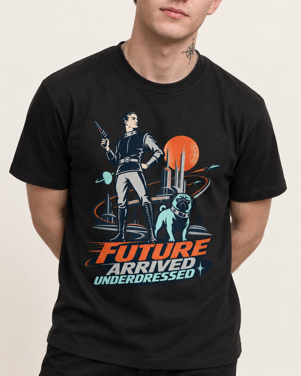 Pug Future Arrived Underdressed Space Hero Graphic T-Shirt in Black, worn by a model, front view