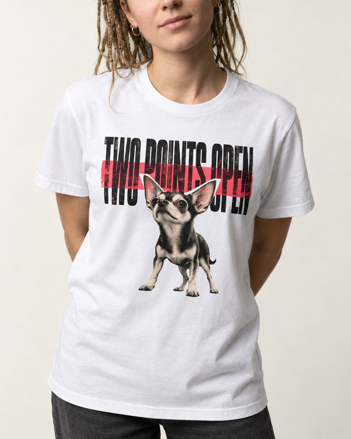 Two Points Open Chihuahua T-Shirt in White, worn by a model, front view
