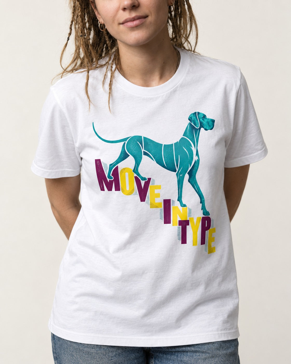 Great Dane Move in Type T-Shirt in White, worn by a model, front view