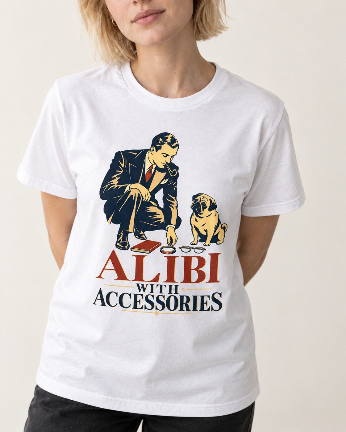 Pug Alibi with Accessories T-Shirt in White, worn by a model, front view