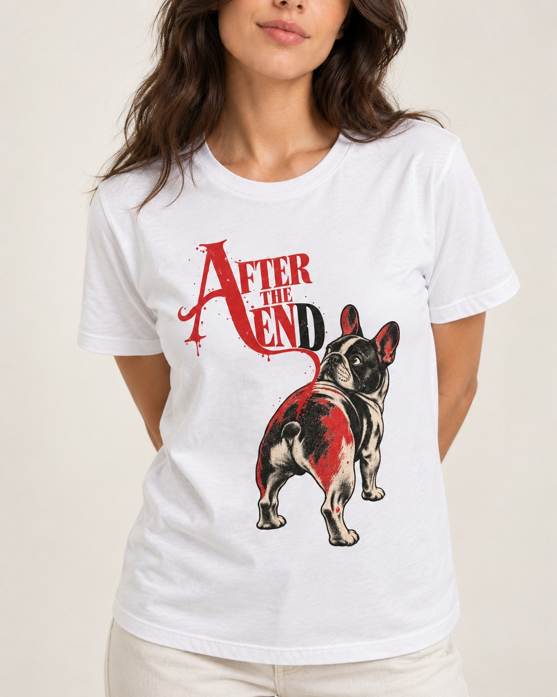 Frenchie After the End T-Shirt in White, worn by a model, front view