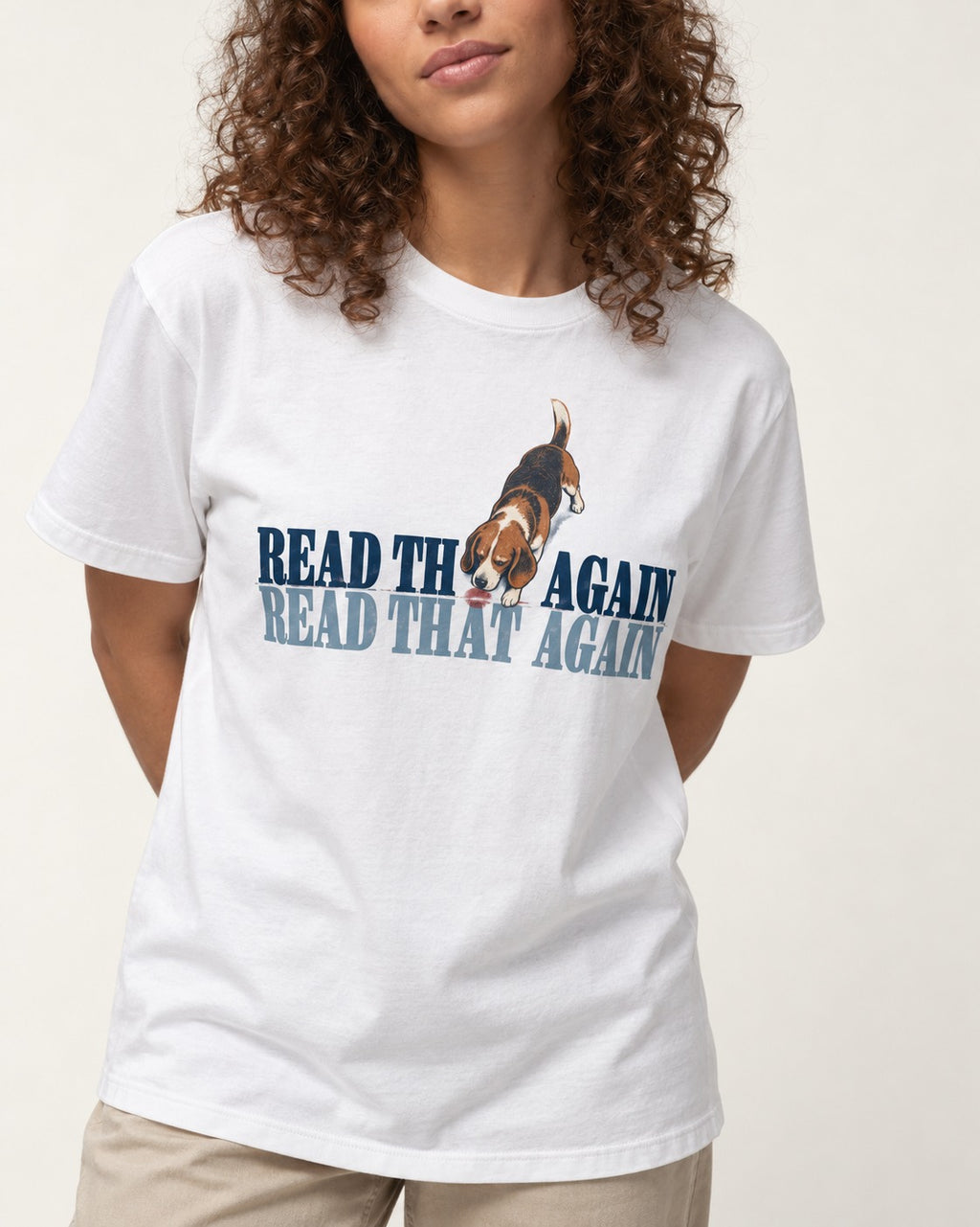 Read That Again Beagle T-Shirt in White, worn by a model, front view