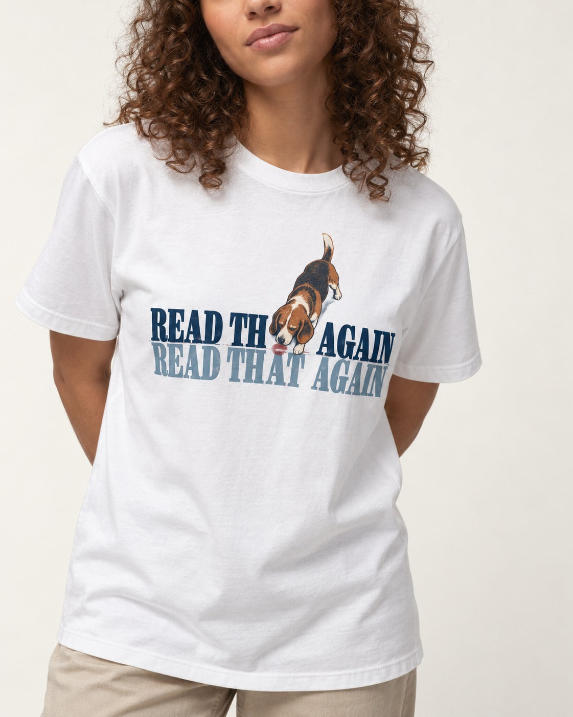 Read That Again Beagle T-Shirt in White, worn by a model, front view
