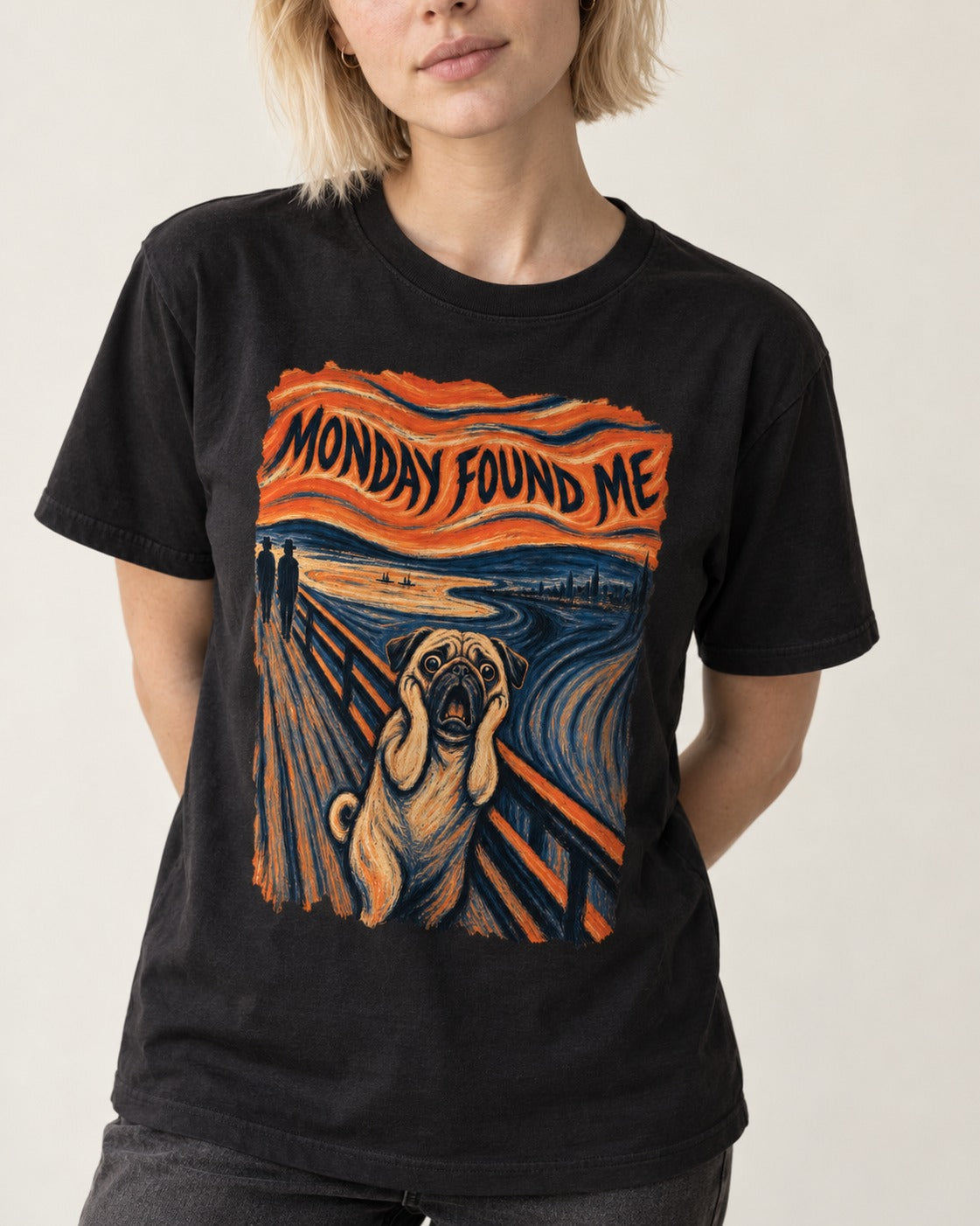Pug Monday Found Me Scream Parody Graphic T-Shirt in Black, worn by a model, front view