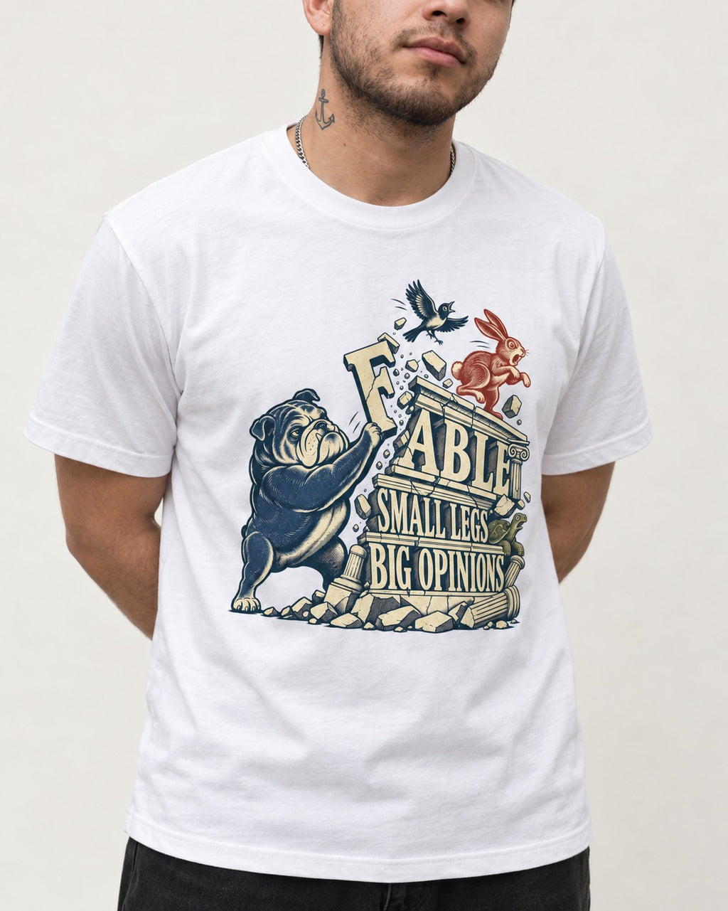 Small Legs Big Opinions English Bulldog T-Shirt in White, worn by a model, front view