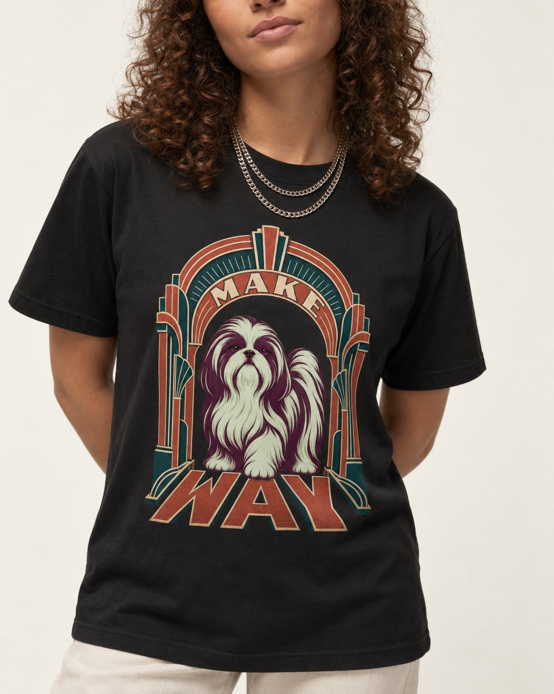 Shih Tzu Make Way Art Deco Arch Portrait T-Shirt in Black, worn by a model, front view