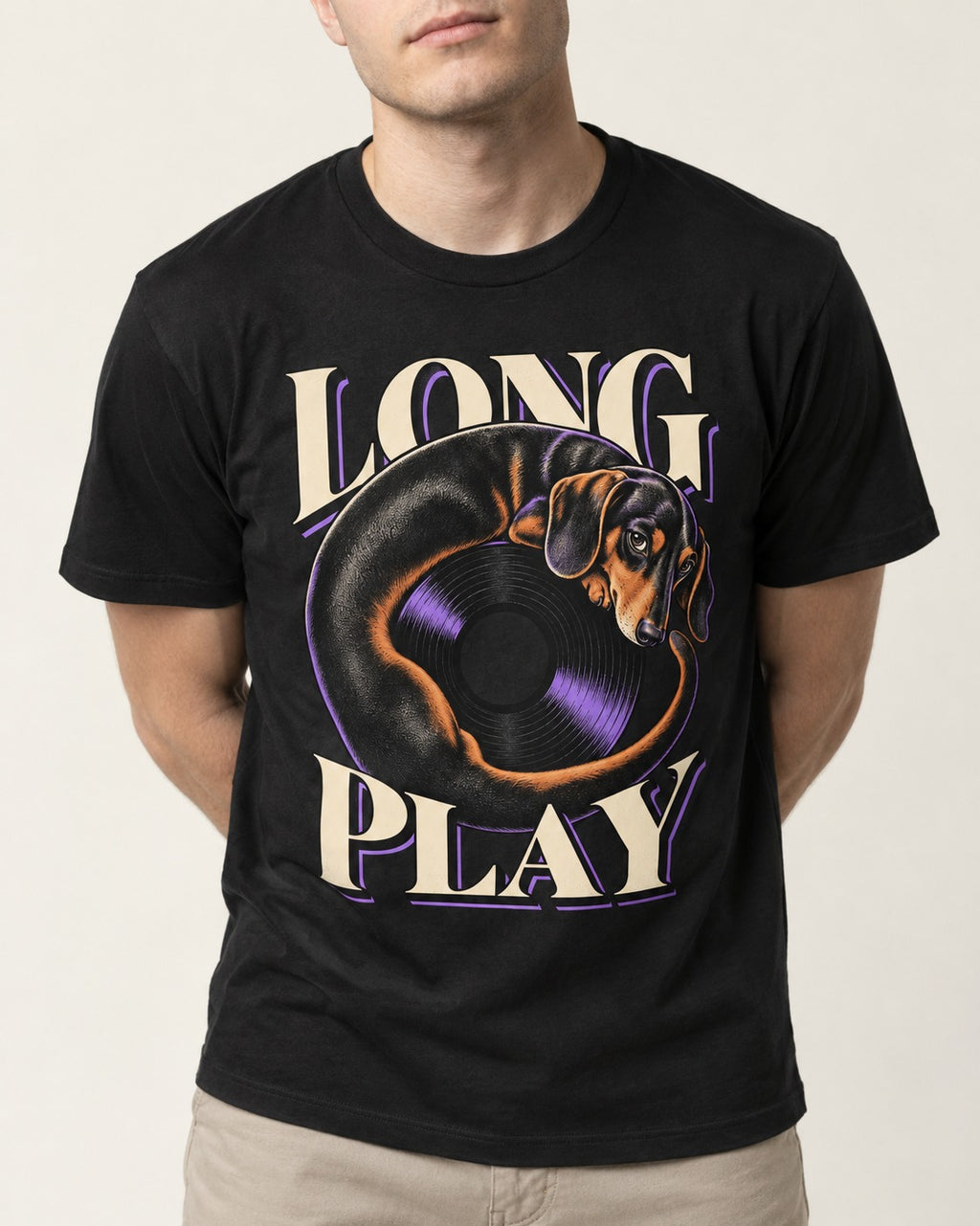 Dachshund Long Play Vinyl Record Graphic T-Shirt in Black, worn by a model, front view