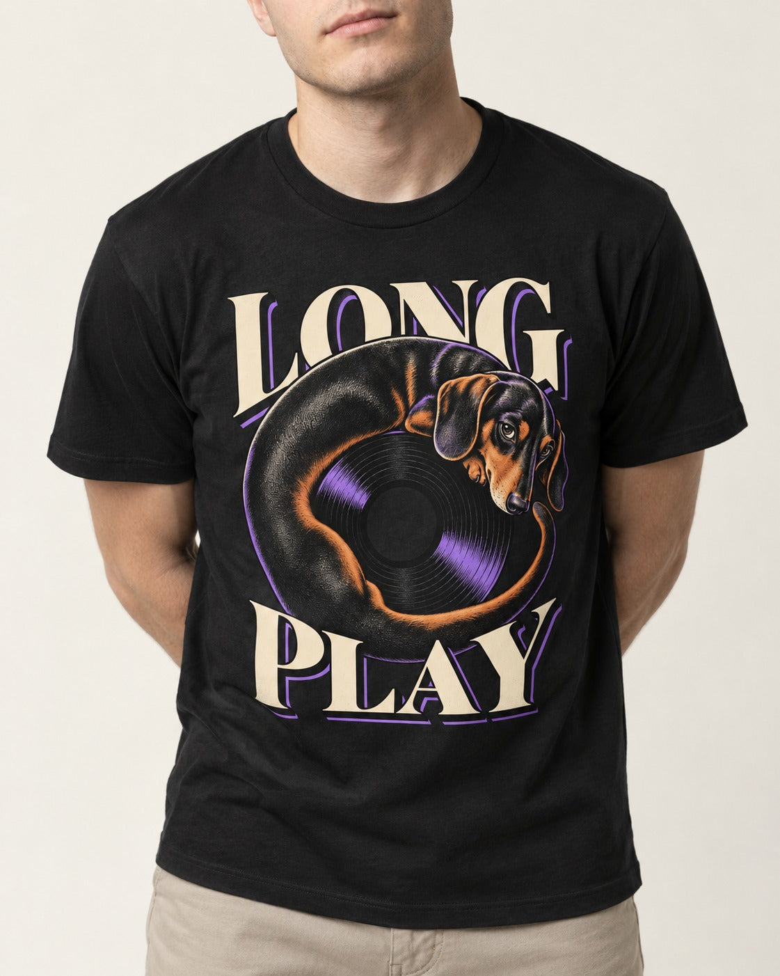 Dachshund Long Play Vinyl Record Graphic T-Shirt in Black, worn by a model, front view